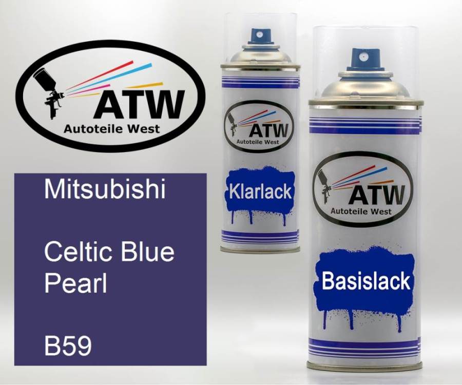 Mitsubishi, Celtic Blue Pearl, B59: 400ml Sprühdose + 400ml Klarlack - Set, von ATW Autoteile West.